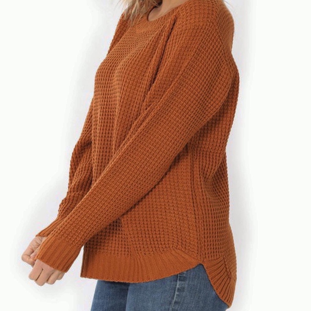 Hi-lo waffle knit sweater - burnt orange